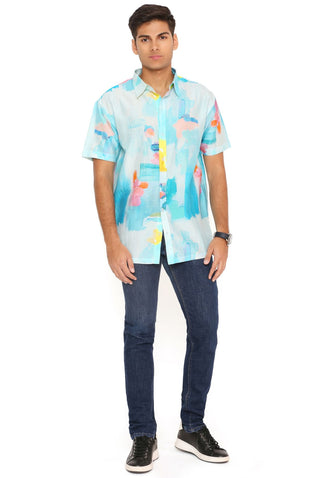 Painterly blue print silkmul shirt