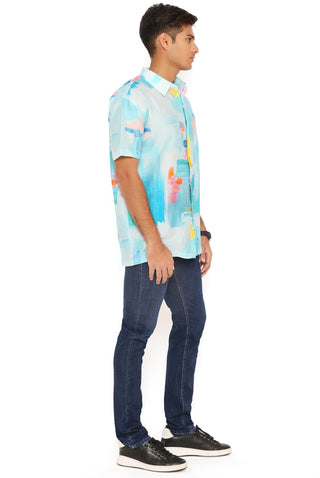 Painterly blue print silkmul shirt