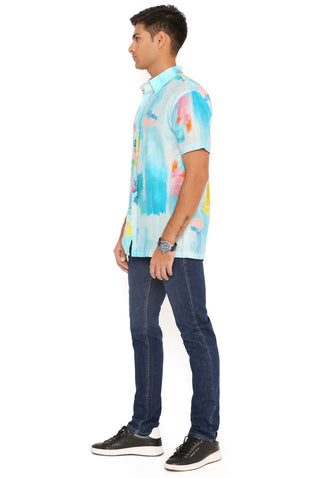 Painterly blue print silkmul shirt