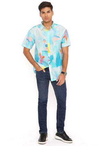 Painterly blue print silkmul shirt