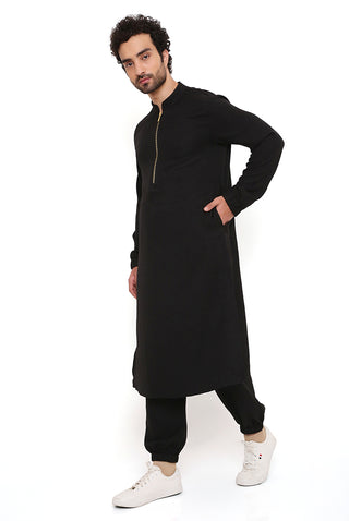 Black soft linen bomber kurta and jogger pant