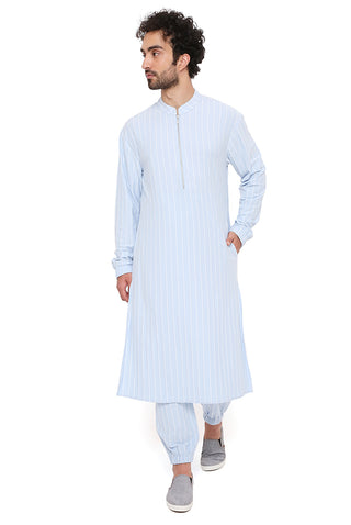 Aqua blue stripe bomber kurta and jogger pant