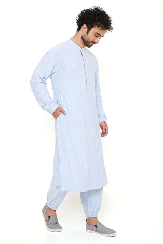 Aqua blue stripe bomber kurta and jogger pant