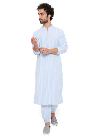 Aqua blue stripe bomber kurta and jogger pant