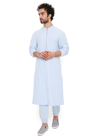 Aqua blue stripe bomber kurta and jogger pant