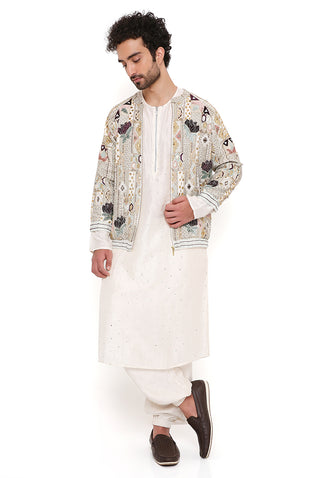 Raj off-white embroidered bomber jacket and kurta set