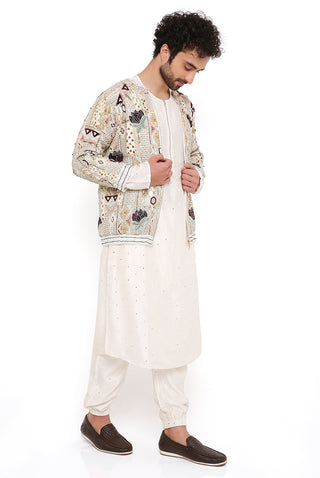 Raj off-white embroidered bomber jacket and kurta set