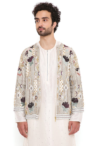 Raj off-white embroidered bomber jacket and kurta set