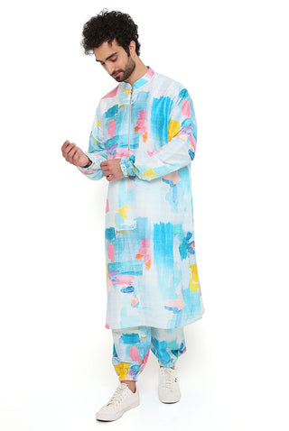 Blue painterly print bomber kurta and jogger pant