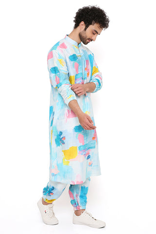 Blue painterly print bomber kurta and jogger pant