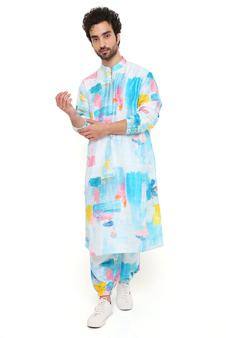 Blue painterly print bomber kurta and jogger pant