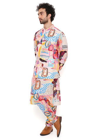 Peach trance print bandi and kurta set