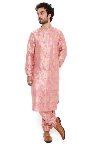 Rose pink silk brocade bomber kurta and jogger pant