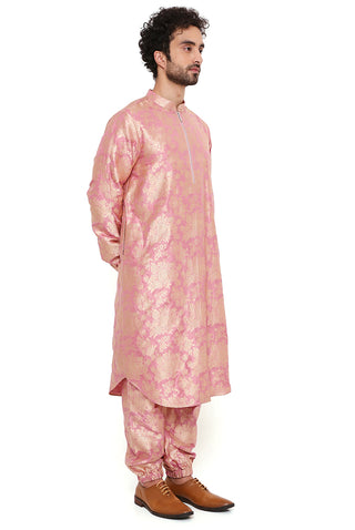 Rose pink silk brocade bomber kurta and jogger pant