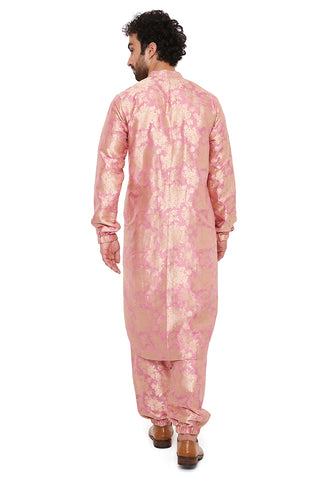 Rose pink silk brocade bomber kurta and jogger pant