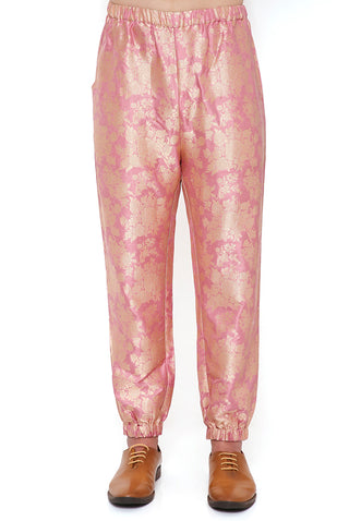 Rose pink silk brocade bomber kurta and jogger pant