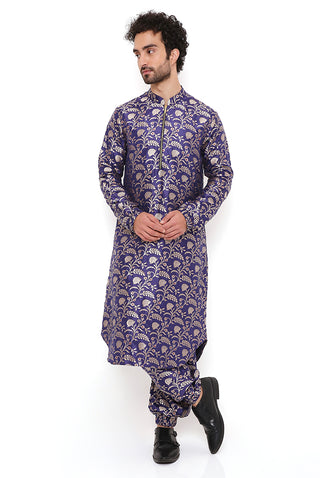 Navy silk brocade bomber kurta and jogger pant