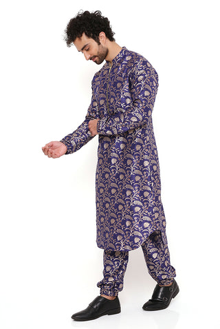 Navy silk brocade bomber kurta and jogger pant