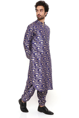 Navy silk brocade bomber kurta and jogger pant