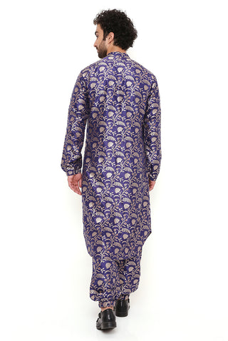 Navy silk brocade bomber kurta and jogger pant