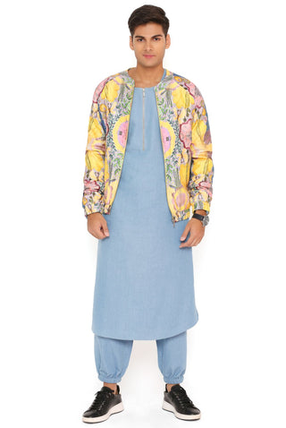 Yellow enchanted print bomber jacket and kurta set