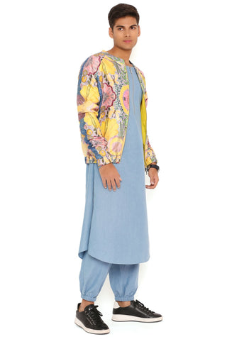 Yellow enchanted print bomber jacket and kurta set