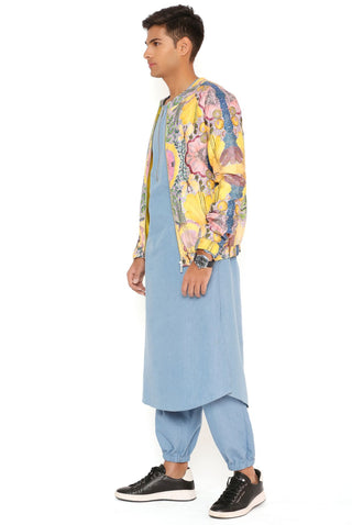 Yellow enchanted print bomber jacket and kurta set