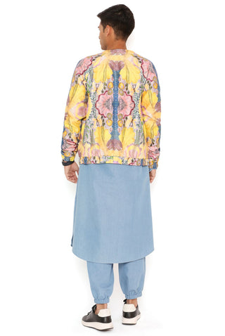 Yellow enchanted print bomber jacket and kurta set