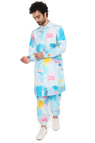 Painterly print pathani kurta and jogger pant