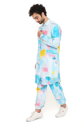 Painterly print pathani kurta and jogger pant