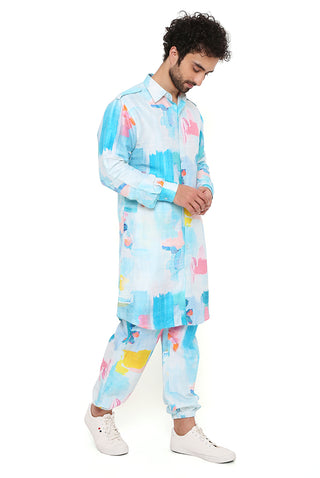 Painterly print pathani kurta and jogger pant