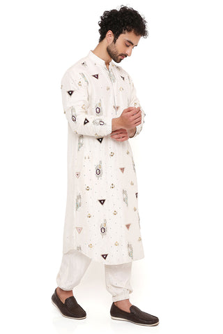 Off-white silk embroidered bomber kurta and jogger pant