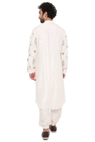 Off-white silk embroidered bomber kurta and jogger pant