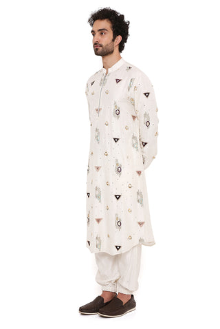 Off-white silk embroidered bomber kurta and jogger pant