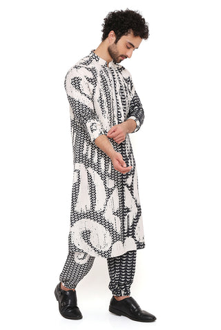 Black white uzbec print bomber kurta and jogger pant