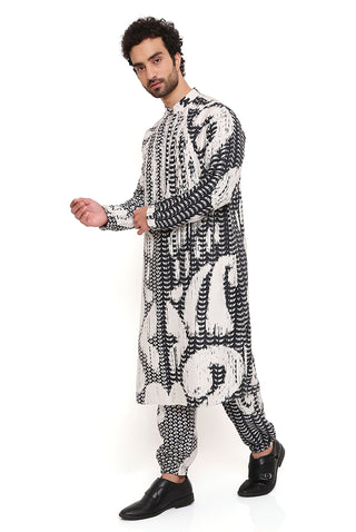 Black white uzbec print bomber kurta and jogger pant