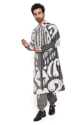 Black white uzbec print bomber kurta and jogger pant