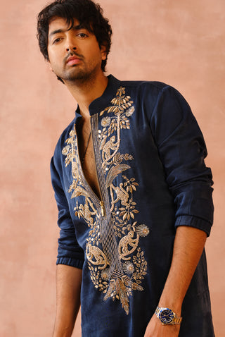 Navy embroidered bomber kurta and jogger pant