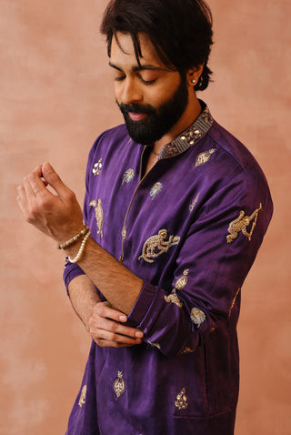 Purple embroidered bomber kurta and jogger pant