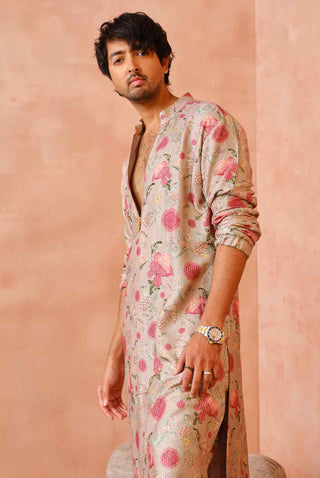 Gray gulbagh print bomber kurta and jogger pant