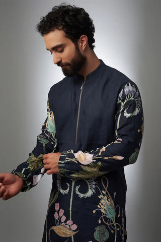 Navy printed linen bomber kurta and jogger pant