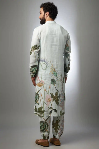 White printed linen bomber kurta and jogger pant