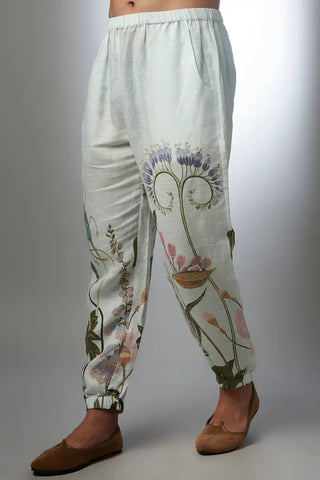 White printed linen bomber kurta and jogger pant