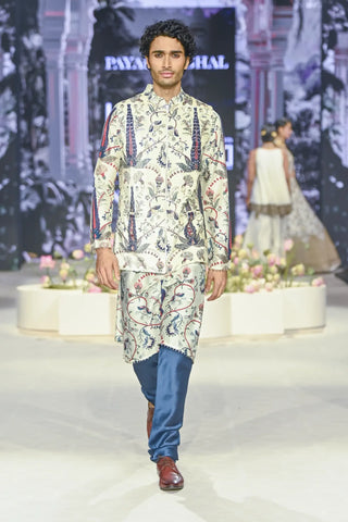 Blue embroidered forest whisper printed bandi and printed kurta wth churidar