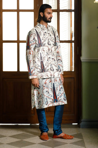 Blue embroidered forest whisper printed bandi and printed kurta wth churidar