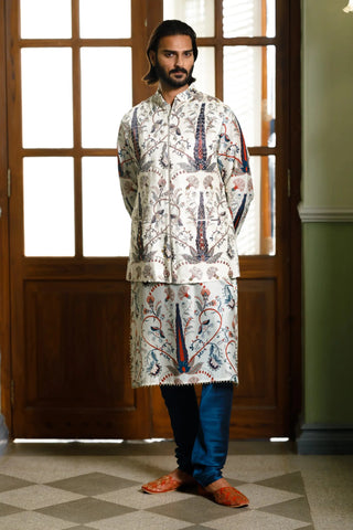 Blue embroidered forest whisper printed bandi and printed kurta wth churidar