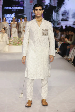 Ivory pocket embroidered kurta with pant