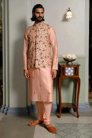 Peach embroidered bandi and kurta with churidar