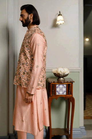 Peach embroidered bandi and kurta with churidar