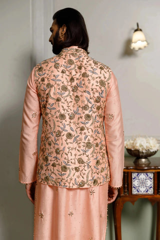 Peach embroidered bandi and kurta with churidar